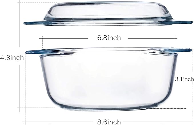 NUTRIUPS Small Round Glass Casserole Dish with lid,1.5 L glass bowl with glass lid, Microwave and Oven Safe