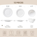 KINGSTONE Bone China Dinnerware Set, 12-Piece White Lightweight Porcelain with Textured Design Service for 4, Plates, Bowls, for Family Dining, Restaurants, Gifting，Microwave and Dishwasher Safe