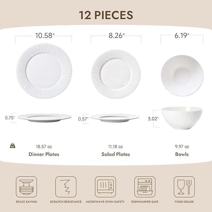KINGSTONE Bone China Dinnerware Set, 12-Piece White Lightweight Porcelain with Textured Design Service for 4, Plates, Bowls, for Family Dining, Restaurants, Gifting，Microwave and Dishwasher Safe