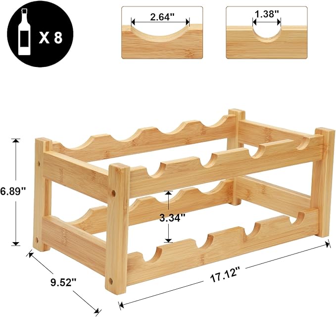 Bamboo Wine Rack, 2-Tier 8 Bottles Wine Storage Cabinet Shelf, Easy-Assembly Freestanding Bamboo Wine Racks Countertop for Kitchen Pantry Dining Room Bar, Natural