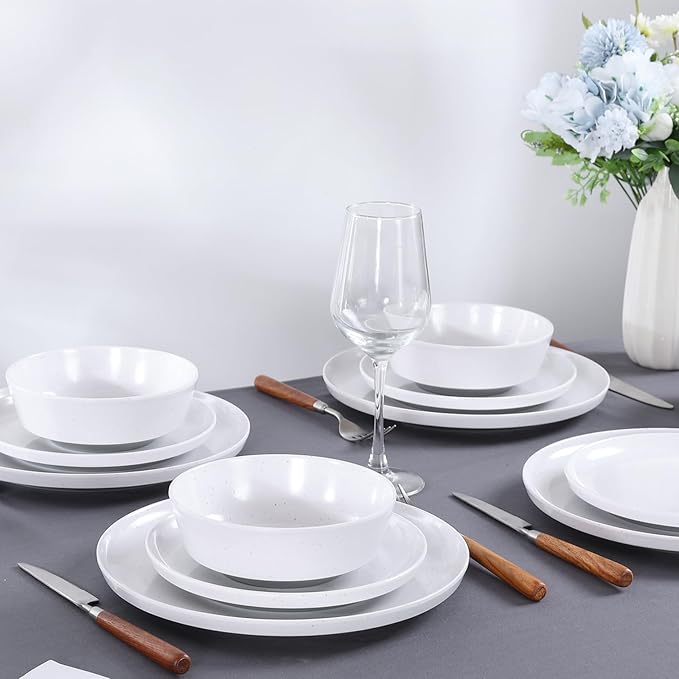 Webbylee 12-Pieces Melamine Dinnerware Set - Unbreakable Plates & Bowls Set for 4, Lightweight Kitchen Dishes Idear for Camping, Picnic, Party,White & Grey
