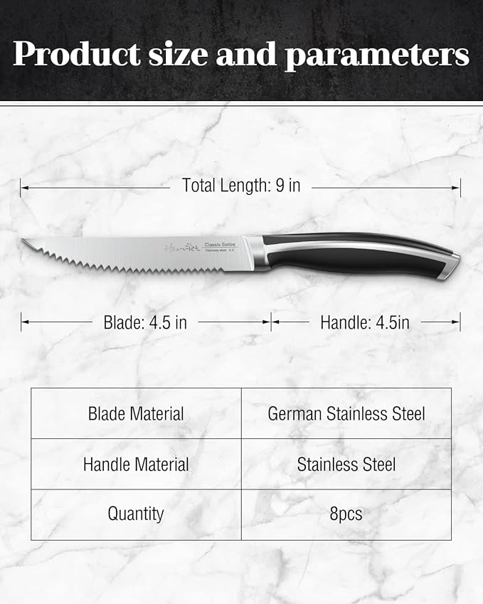 harriet Steak Knives Set of 8, 4.5" Steak Knives, Full Tang Premium Stainless Steel Serrated Steak Knives Set with Gift Box, Dinner Knives, Midnight Black Handle