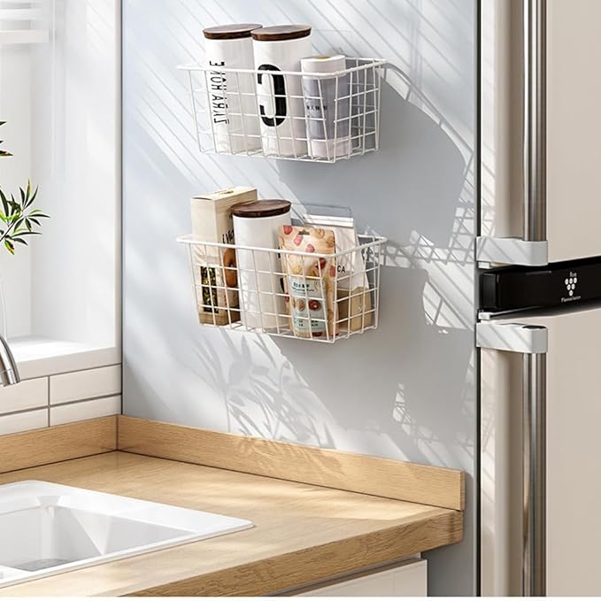 Hanging Kitchen Baskets For Storage Adhesive Small Wire Storage Baskets No Drilling Wall Mounted Shelf for Kitchen Pantry Room Cabinet Bathroom, 2 PACK, White