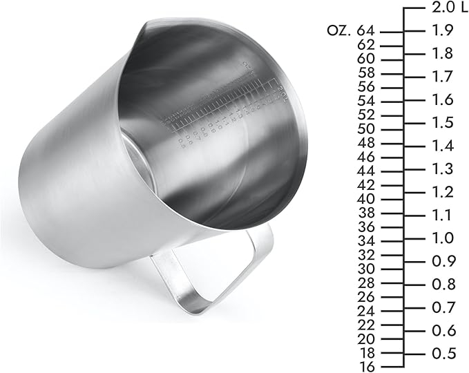 CURTA 18/8 Stainless Steel Measuring Cup with Handle and Pour Lip, Metal Pitcher with Oz and ML marking, 64OZ/2 Liter- 8 Cup), Heavy-Duty Pitcher