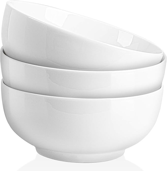 DELLING 22 Oz Ceramic Soup Bowls Set, 6.6" White Porcelain Mixing Bowls, Large Serving Bowls for Kitchen, Cereal, Snack, Rice, Pasta, Salad, Oatmeal, Set of 3, Microwave and Dishwasher Oven Safe