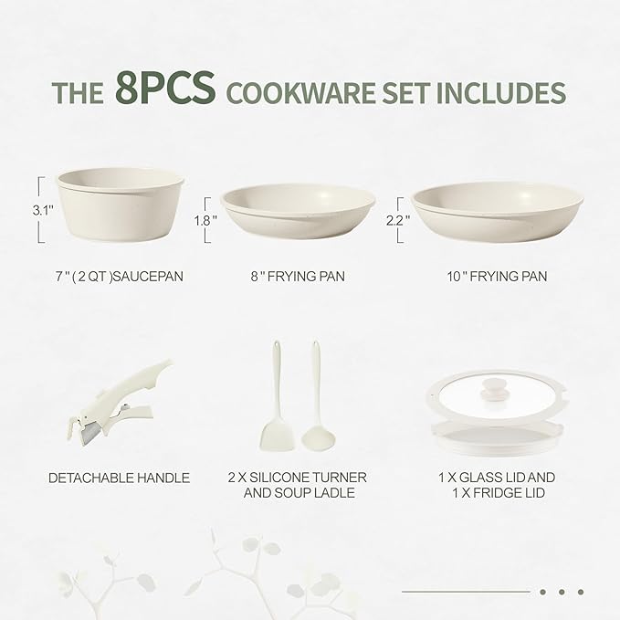8pcs Ceramic Pots and Pans Set, Non Stick Cookware Set, Detachable Handle Cookware, Induction Kitchen Cooking Set with Removable Handle,Oven Safe, Induction Fast, Stackable Cookware Set