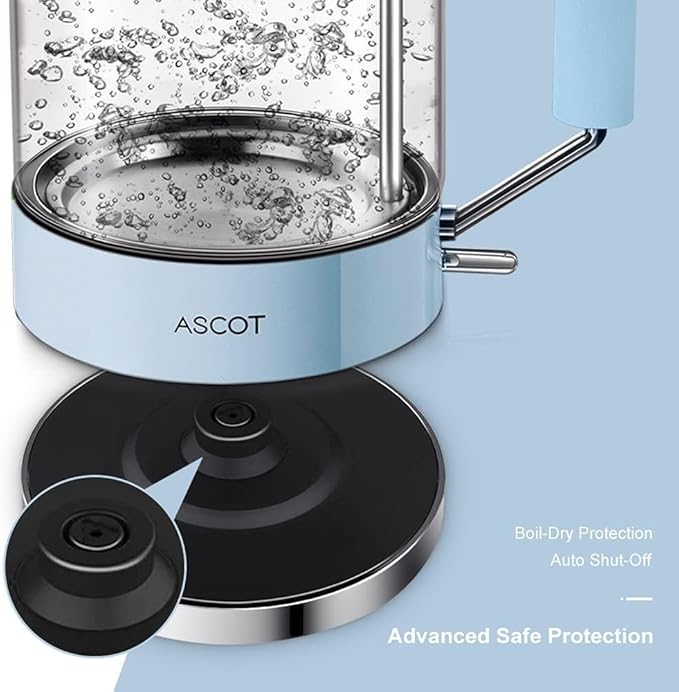 Electric Kettle, ASCOT Glass Electric Tea Kettle 1.5L 1500W Retro Tea Heater & Hot Water Boiler, No Plastic, BPA-Free, Cordless, with Auto Shut-Off and Boil-Dry Protection (Blue)