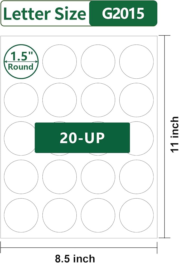 1.5 inch Round Labels Printable,Matte White Custom Sticker Labels for Printer,1-1/2" Small Circle Sticker Paper for Jars,1.5" Blank Round Stickers,40 Sheets,800 Circle Stickers in Total
