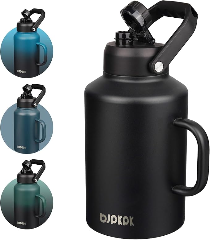 BJPKPK 1 Gallon Water Bottle with Handle, Large Dishwasher Safe 128oz Insulated Water Bottle, BPA Free Water Jug, Wide Mouth Metal Water Bottle with Anti-slip Bottom, Keep Cold & Hot,Black