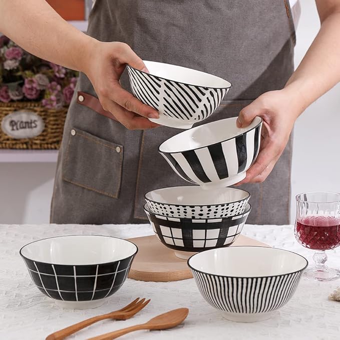 Cereal Bowl Porcelain Soup Bowls - Ceramic Bowl Set 23 oz - 6 Inch Japanese Bowls Black and White for Serving Salad | Ramen | Noodle | Pho | Oat | Oatmeal - Microwave and Dishwasher Safe - Set of 6
