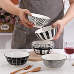 Cereal Bowl Porcelain Soup Bowls - Ceramic Bowl Set 23 oz - 6 Inch Japanese Bowls Black and White for Serving Salad | Ramen | Noodle | Pho | Oat | Oatmeal - Microwave and Dishwasher Safe - Set of 6