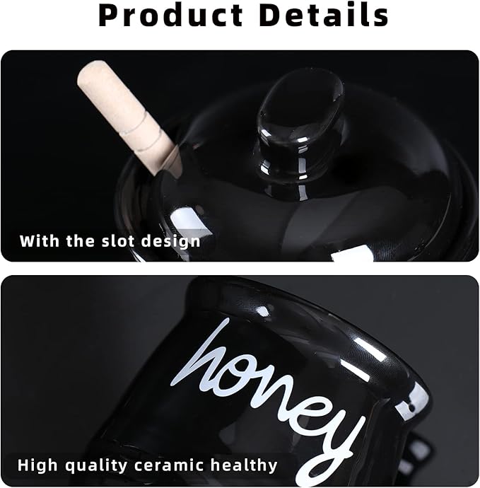 ONTUBE Honey Jar with Dipper and Lid, Ceramic Honey Pot 12oz, Black