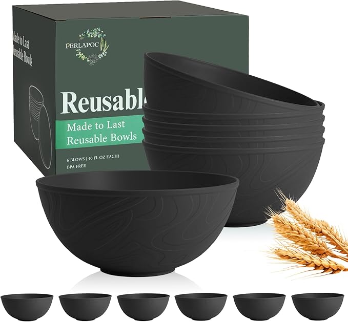 Unbreakable Cereal Bowls 40 OZ, Wheat Straw Bowls Set of 6 with Unique Pattern, Reusable Plastic Bowl for Cereal, Soup, Salad and Ramen, Indoor & Outdoor Essentials, Black
