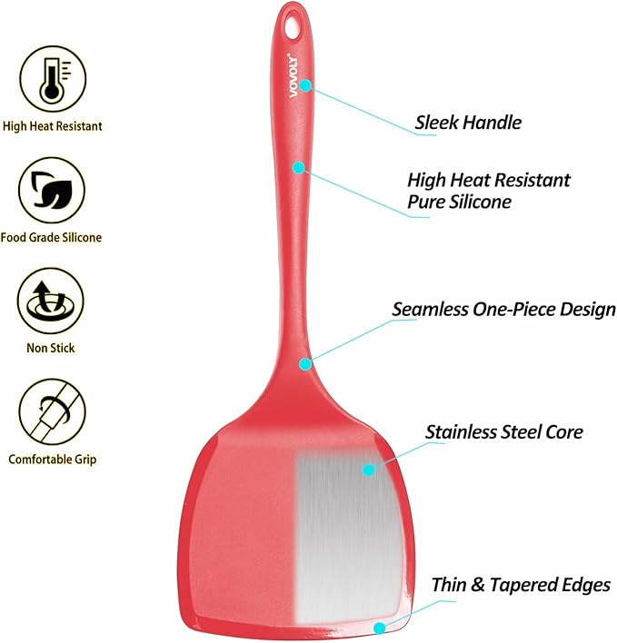 Silicone Pancake Spatula Turner with Lengthened Handle& Seamless Design, Heat Resistant Cooking Spatulas for Nonstick Cookware, Large Flexible Kitchen Utensils, Flipper for Egg, Pancake, Burger, Red