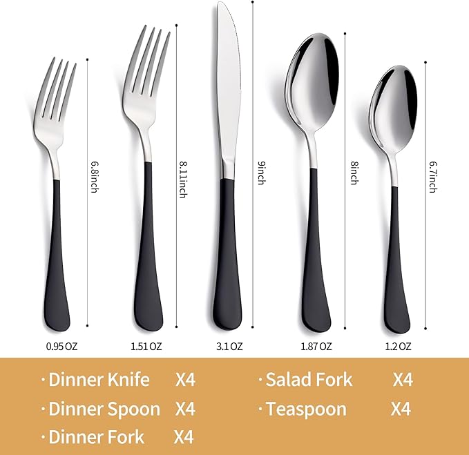 20-Piece Black Silverware Set 18/0 Stainless Steel Silverware Set Black Handle Cutlery Set Service for 4 Dinner Knives Forks Spoons Set Flatware Set Finish Dishwasher Safe