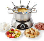 CUSIMAX 1500W Electric Fondue Pot Set, Fondue Pot for Chocolate, Cheese, Broth, Oil, Luminated Control Dial, Fondue Set with 8 Colour Coded Stainless Steel Forks, 1.4-Quart - Stainless Steel
