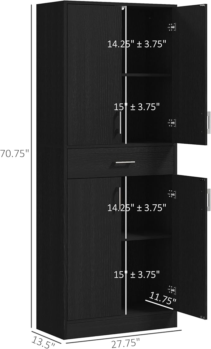 HOMCOM 71" Kitchen Pantry Cabinet with Drawer and Adjustable Shelf, Freestanding Tall Storage Cabinet with 2 Double Door Cupboards, Distressed Black