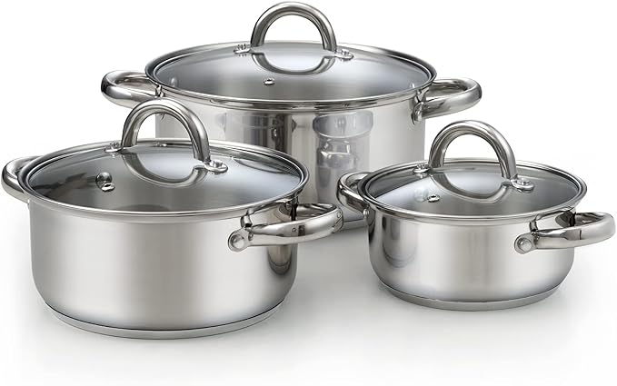 Cook N Home Stainless Steel Stock Pot with Glass Lid, Basic Small Sauce Cooking Pot Saucier Casserole Pan Set, 6 Piece Set