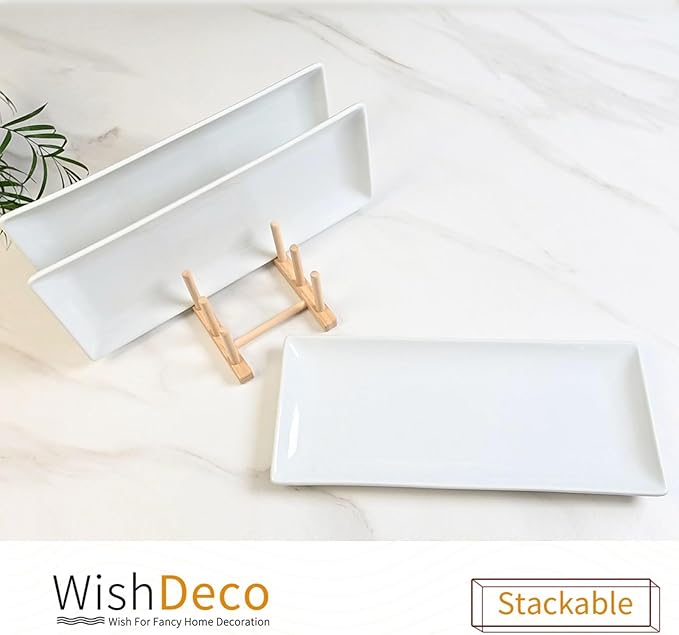 Serving Platters Set of 3, Large Serving Trays 14 inch, White Serving Plates, Ceramic Rectangle Plate, Long Platter for Cake, Sushi, Steak, Dessert, Buffet