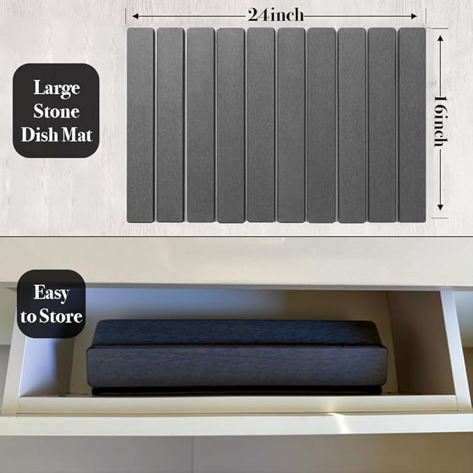 Large Stone Dish Drying Mat for Kitchen Counter Eco - Friendly Absorbent Diatomaceous Earth Bath Mat Quick Dry for Kitchen Dishes Bottles Cups Bathroom Any Countertop (Dark Grey24"×16"Square)