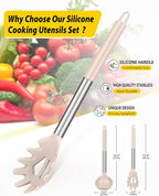 Silicone Pasta Fork and Ladle Spoon Set, Large Non Stick Kitchen Utensils for Cooking,Stirring,Serving Spaghetti, Soup, Sauce (KHAKI)