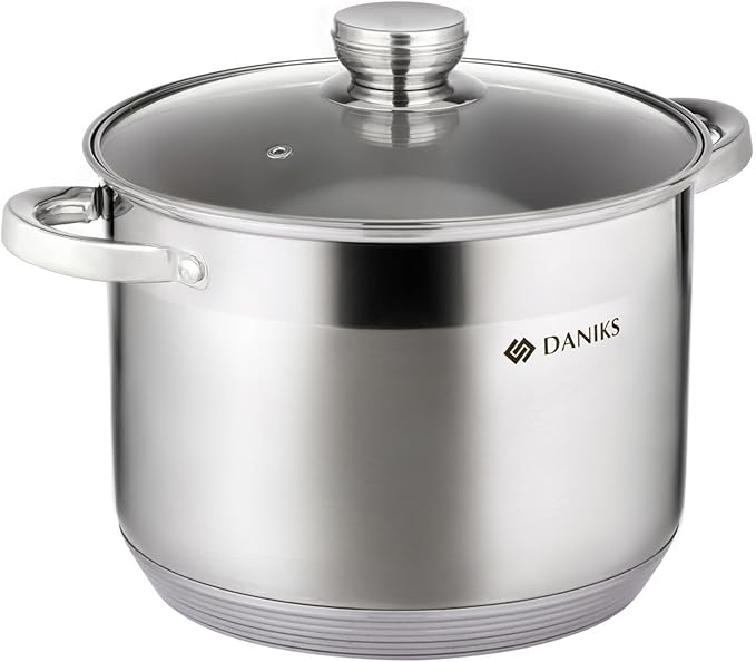 Daniks Standard Stainless Steel Stock Pot with Glass Lid – Induction 10 Quart, Dishwasher Safe, Measuring Scale, For Soup, Pasta, Stew, Silver