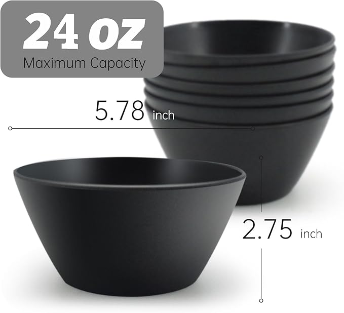 Bamboo Fiber Cereal Bowls Set 6 Pieces, 24 Ounce Soup Bowls Black, Melamine Bowls Set Large for Kitchen, Deep Serving Bowls for Cereal, Soup, Oatmeal, Rice, Pasta, Salad, Black