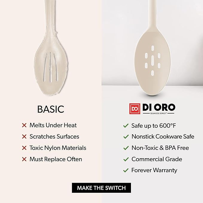 DI ORO Silicone Spoons for Cooking - Large Kitchen Spoons for Mixing, Serving, & Stirring - 600°F Heat-Resistant Non Stick Utensils – Big Solid & Slotted Basting Spoons - Dishwasher Safe (2pc, Clay)