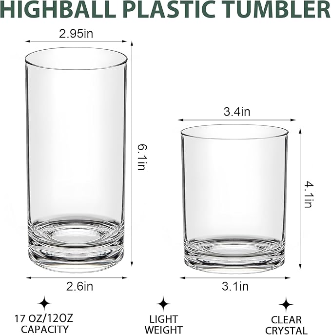 Plastic Cups Reusable Plastic Drinking Glasses Set of 12 - Unbreakable Plastic Tumblers - Acrylic Glasses Drinkware - BPA-Free Dishwasher-Safe - Highball Lowball Mixed Set - 6 Each 12 OZ/17 OZ