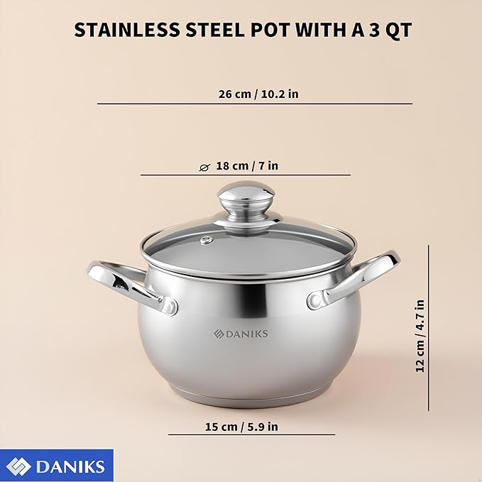 Daniks Classic 3 Quart Stainless Steel Stock Pot with Glass Lid, Tri-Ply Bottom for Even Heating, Induction Compatible, Dishwasher Safe