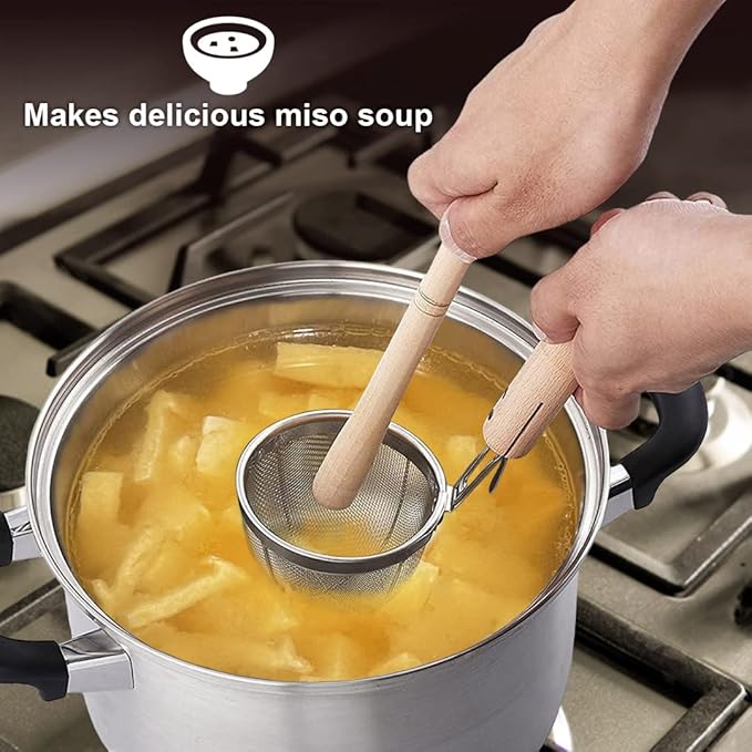 TIKUSAN Miso Strainer and Muddler Miso Dissolver Misokoshi Stainless Steel with Wooden Muddler for Making Miso Soup Made in Japan Large Size