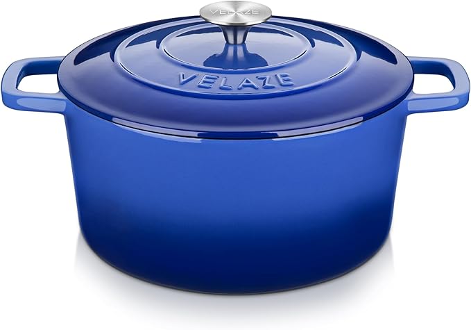 Velaze 6 QT Enameled Dutch Oven Pot with Lid, Cast Iron Dutch Oven with Dual Handles for Sourdough Bread Baking, Cooking, Non-stick Enamel Coated Cookware (Blue)