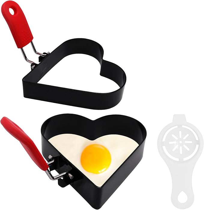 3.5 Inch Heart Egg Rings for Frying Eggs with Foldable Handle, 2 Pack Stainless Steel Heart Egg Shaper, Eggs Mcmuffin Ring Mold for Camping Pancake Sandwiches