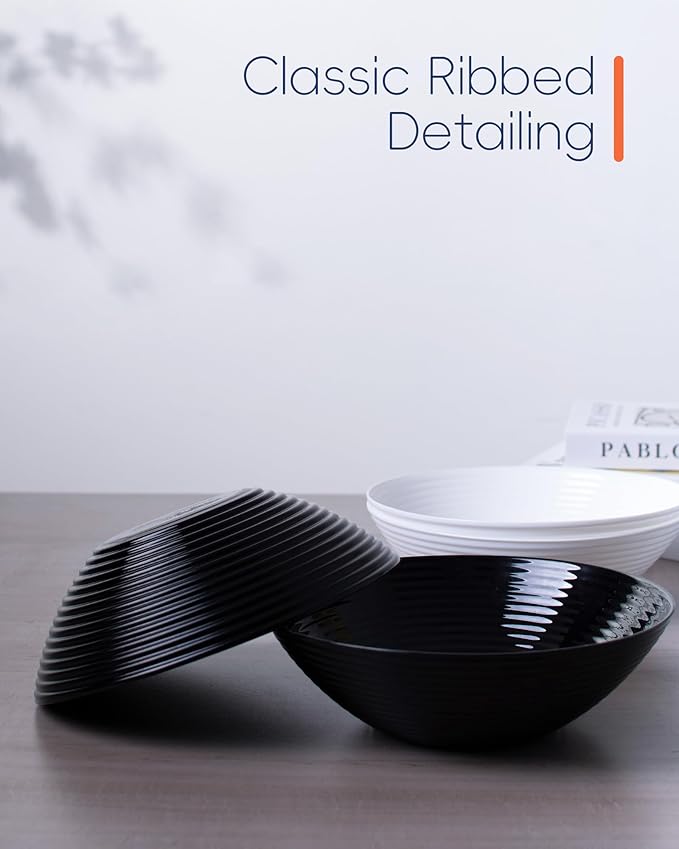 54 OZ Salad Bowl Set of 2, Opal Glass 9.5 inch Serving Dishes for Salad, Fruit, Kitchen Microwave & Dishwasher Safe, Black