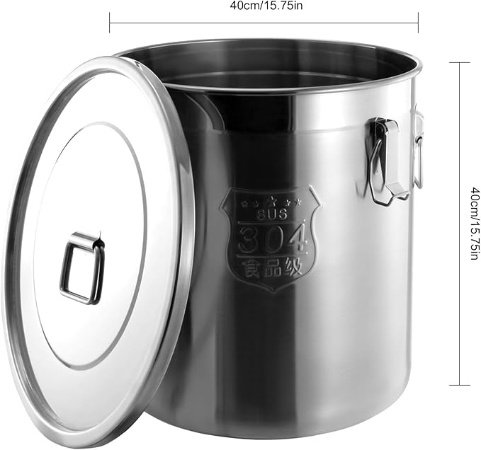 DYNAMI 12.7Gal 304 Stainless Steel Rice Storage Container,Extra Large Food Grade Canister,40-90Lbs Sealed Rice Bucket with Airtight Lid and Locking Buckle,for Rice, Flour, Grain (48L)