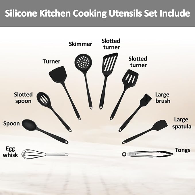 Silicone Kitchen Utensils Set, 446°F Heat Resistant Cooking Utensils Set with Slotted Turner, Tongs, Whisk, Spoons, Spatulas, Brush, Kitchen Gadgets Sets for Nonstick Cookware, Black