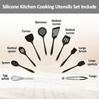 Silicone Kitchen Utensils Set, 446°F Heat Resistant Cooking Utensils Set with Slotted Turner, Tongs, Whisk, Spoons, Spatulas, Brush, Kitchen Gadgets Sets for Nonstick Cookware, Black