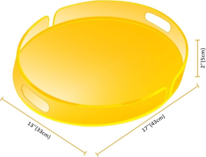 Acrylic Serving Tray with Handles Large Decorative Ottoman Tray 17x13'' Round for Bathroom Food Coffee Fruit Snack Tea Dinner Living Room, Neon Yellow