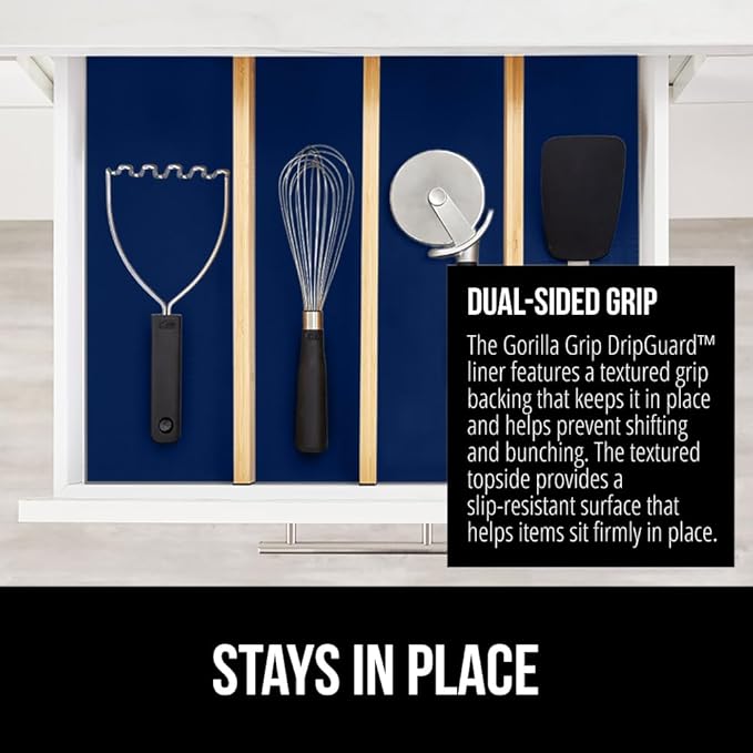 GORILLA GRIP DripGuard Drawer and Shelf Liner for Cabinet, 24x240 Inch, Slip Resistant Non Adhesive Protection for Kitchen, BPA Free Smooth Surface Plastic Liners for Cabinets, Drawers, Navy Blue