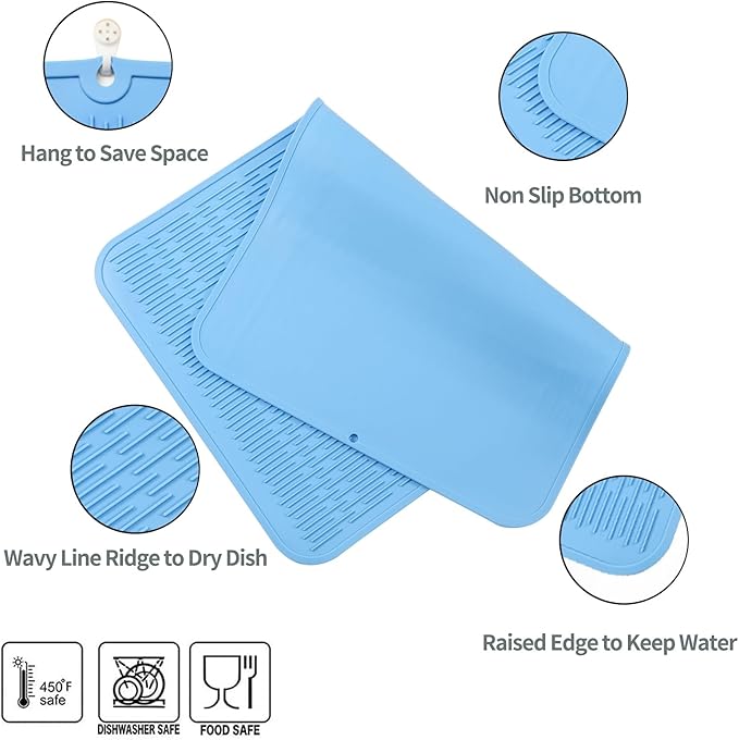 Silicone Dish Drying Mat for Multiple Usage,Easy clean,Eco-friendly,Heat-resistant Silicone Mat for Kitchen Counter or Sink,Refrigerator or Drawer Liner Light Blue 4XL 32 inches x 18 inches