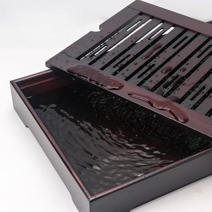 XL Size Bamboo Chinese Tea Tray - 15.6 x 10.9 inch Japanese Tea Serving Tray, Gongfu Tea Table Set with Reservoir Type Water Storage Box Kong Fu Tea Tray