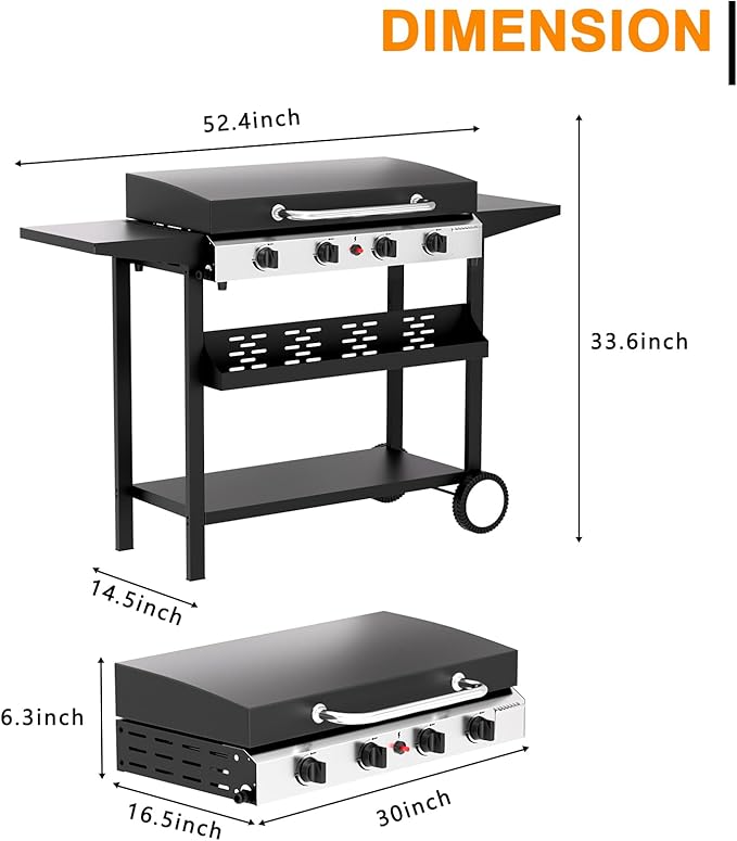 4 Burner Propane Griddle with Lid, 30 Inch Stainless Steel Portable Detachable Gas Griddle, 60,000 BTU Flat Top Grill with Side Shelves for Camping