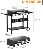 4 Burner Propane Griddle with Lid, 30 Inch Stainless Steel Portable Detachable Gas Griddle, 60,000 BTU Flat Top Grill with Side Shelves for Camping