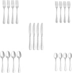 Amazon Basics Silverware Set, Stainless Steel Flatware, Dishwasher Safe, Service for 4, 20-Piece Forks and Spoons, Crown Edge