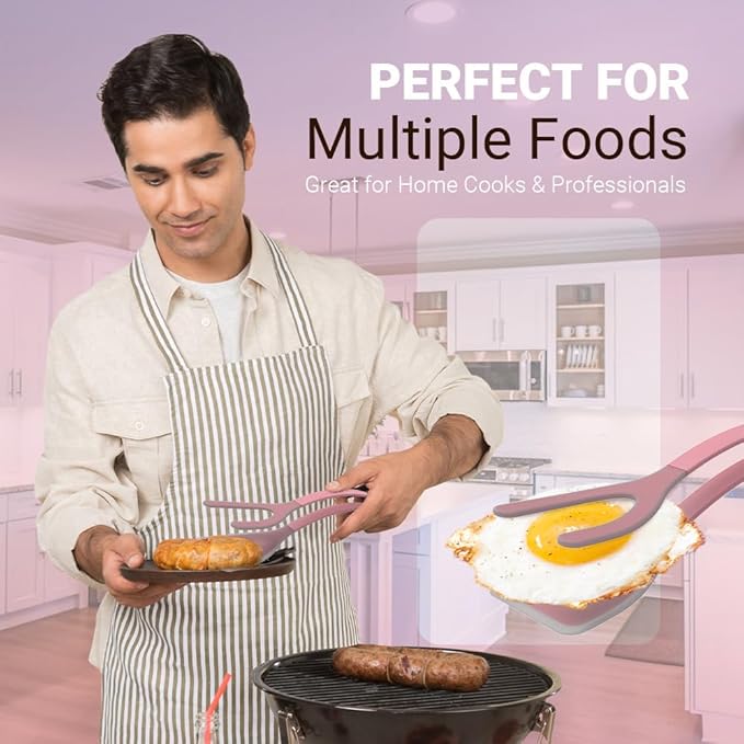 Silicone Egg Flipper Spatula Tongs (Set of 1) – Non-Stick 2-in-1 Grip & Flip Kitchen Tongs for Pancakes, Fish, Eggs, and More – Heat Resistant Cooking Tool (Black) (Pink)