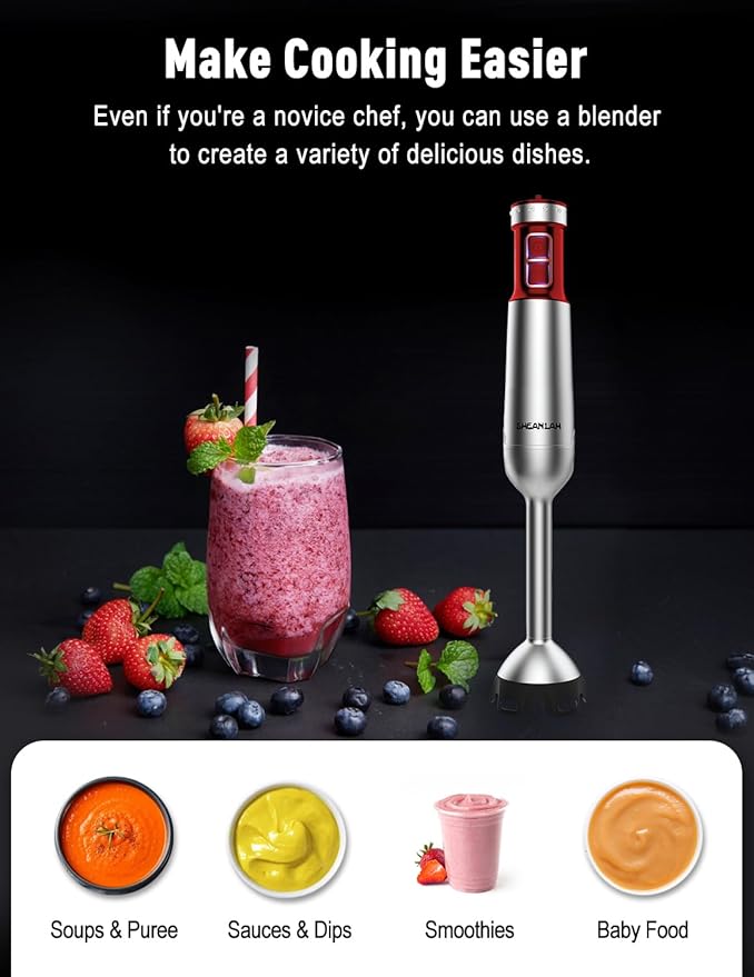 Powerful Immersion Blender handheld, 2025 New Update Hand Blender, Scratch-Resistant Corded Hand Mixer with Heavy-Duty Copper Brushless Motor and Gift Box Red