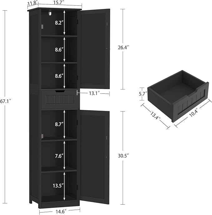 Iwell Tall Black Bathroom Cabinet with 2 Doors and 1 Drawer, Bathroom Storage Cabinet with Adjustable Shelves, Narrow Storage Unit for Living Room, Entryway, Kitchen, Black