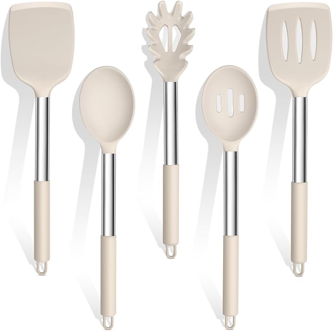 TeamFar Cooking Utensils Set, 5 PCS Silicone Kitchen Utensils with Stainless Steel Handle for Nonstick Cookware Turning Flipping Frying Draining, Heatproof & Healthy, Nonstick & Easy Clean, Khaki