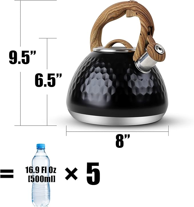 Tea Kettle, Toptier Teapot Whistling Kettle with Wood Pattern Handle Loud Whistle, Food Grade Stainless Steel Tea Pot for Stovetops Induction Diamond Design Water Kettle, 2.7-Quart Black