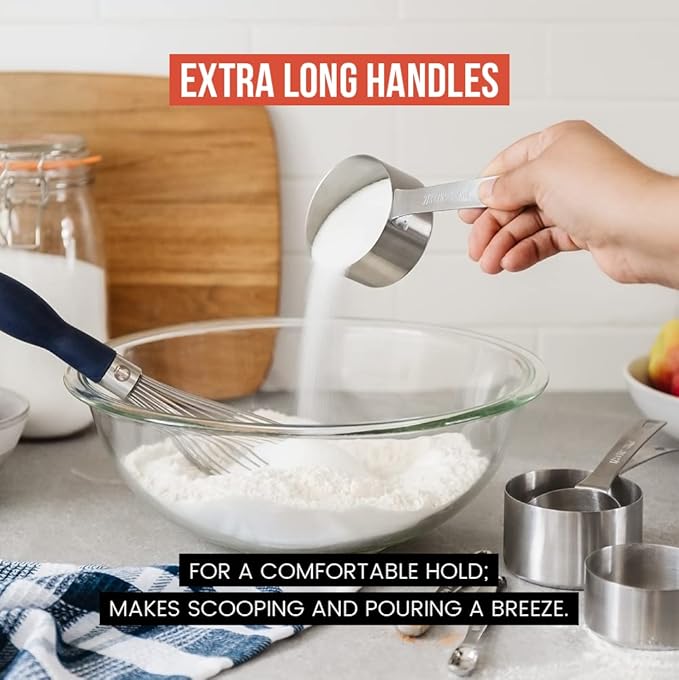 Chef Pomodoro Stainless Steel Measuring Cup Set, Nested and Stackable with 7 Pieces, Sturdy Extra-long Handles with Lasered Markings and Sorting Ring, Metal Kitchen Spoons for Wet and Dry Ingredients